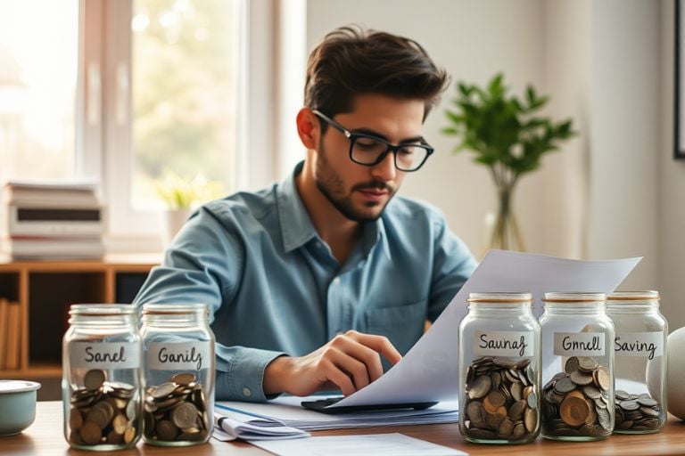 how to Save money Man with jars of coins at desk focusing on paper