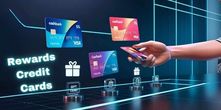 Rewards credit cards featuring gift card redemption options on a desk, with a hand holding a cashback card.