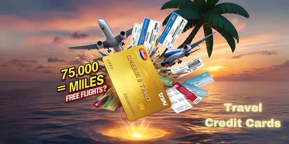 Travel credit cards encircled with flight tickets and airplanes centered over a tropical ocean view and sunset sky background.