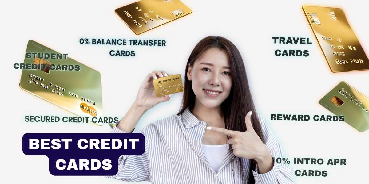 Excited woman with open mouth next to several credit cards and a sign reading 'best credit cards'.
