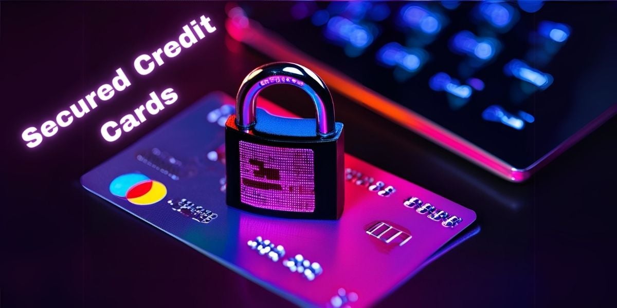 Secured credit cards with a padlock on top of them positioned next to a computer keyboard