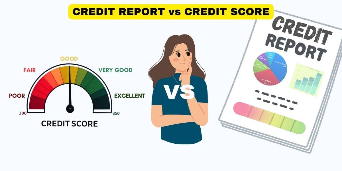 Credit score gauge on the left, A cartoon women standing in the middle and a credit report document on her right