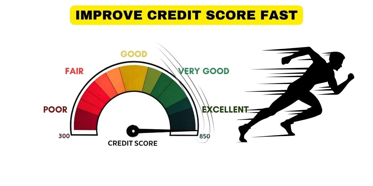 Credit score meter gauge with man running fast